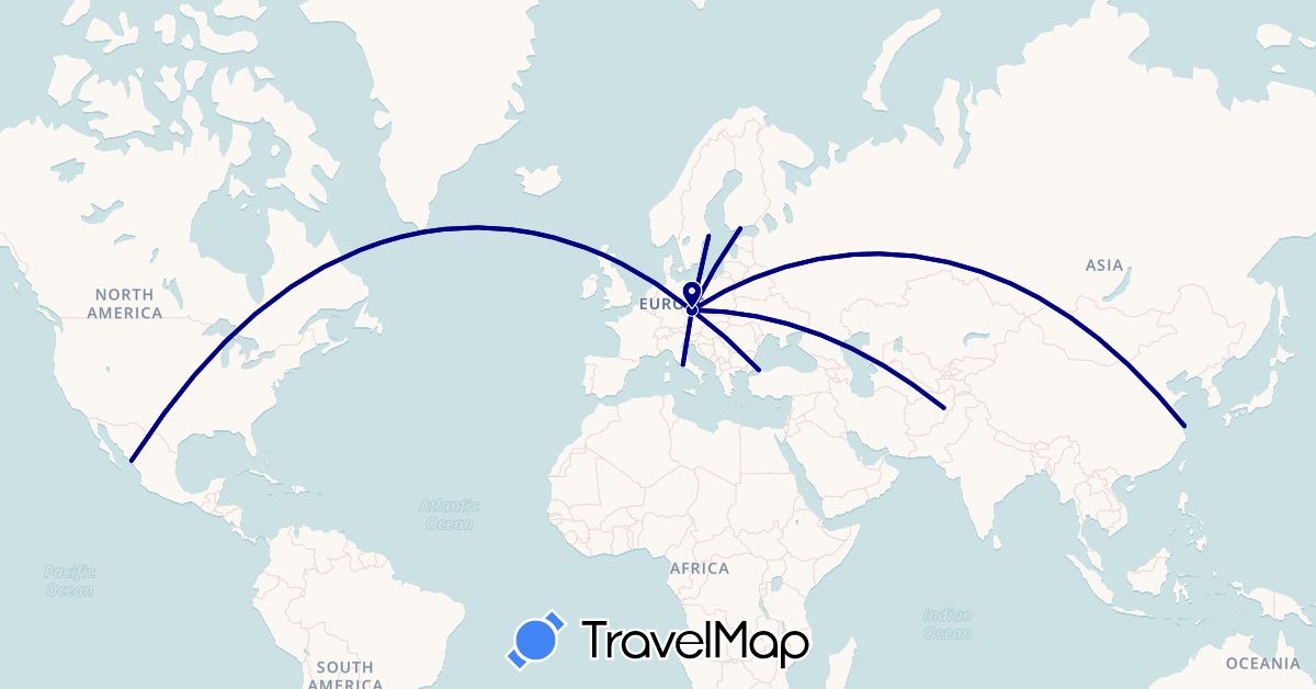 TravelMap itinerary: driving in Afghanistan, China, Czech Republic, Germany, Finland, Italy, Mexico, Sweden, Turkey (Asia, Europe, North America)